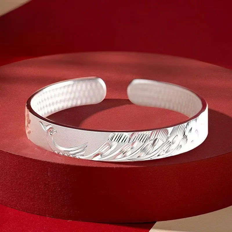 Auspicious Phoenix 999 Sterling Silver Open Bangle Hammer Texture Inner Side Ladies Daily Wear Bracelet