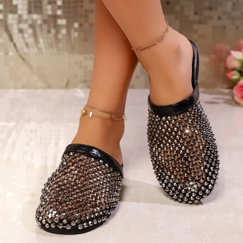 Summer Hollowed-out Fishing Net Flat Bottom 2025 Water Diamond New Breathable Toe Cover Slippers with Mesh Surface
