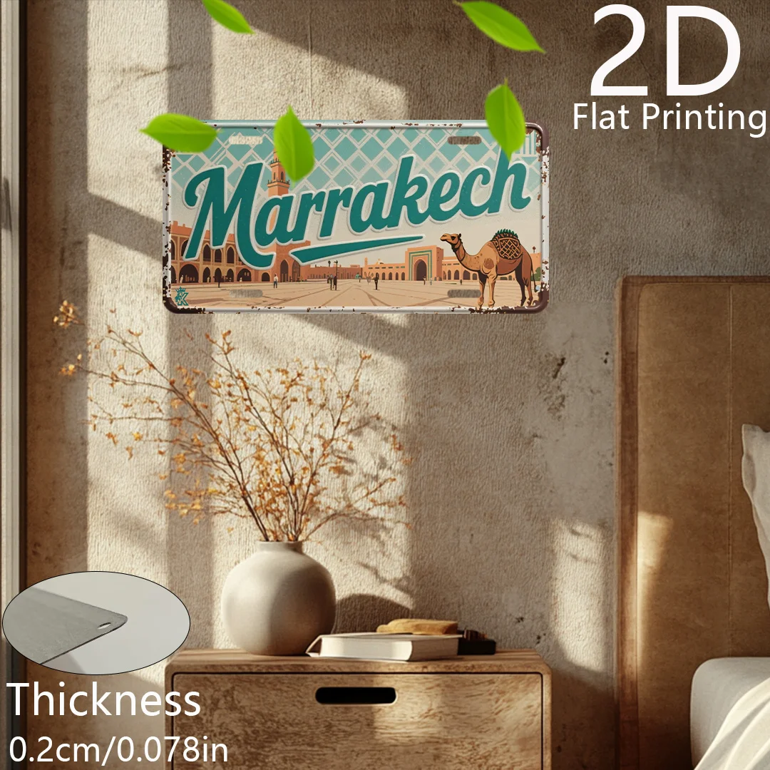 Vintage Moroccan "MARRAKECH" Moroccan Square Camel Scenery License Plate 2D Flat Aluminum Tin Sign Wall Art Decor for North Afri view 5