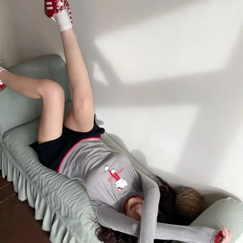 Sanrio Hello Kitty Kawaii Anime Mode Lässig Katzenmuster Langarm T-Shirt Damen Slim Fit Fun Short Top Hosen Sets Anzug