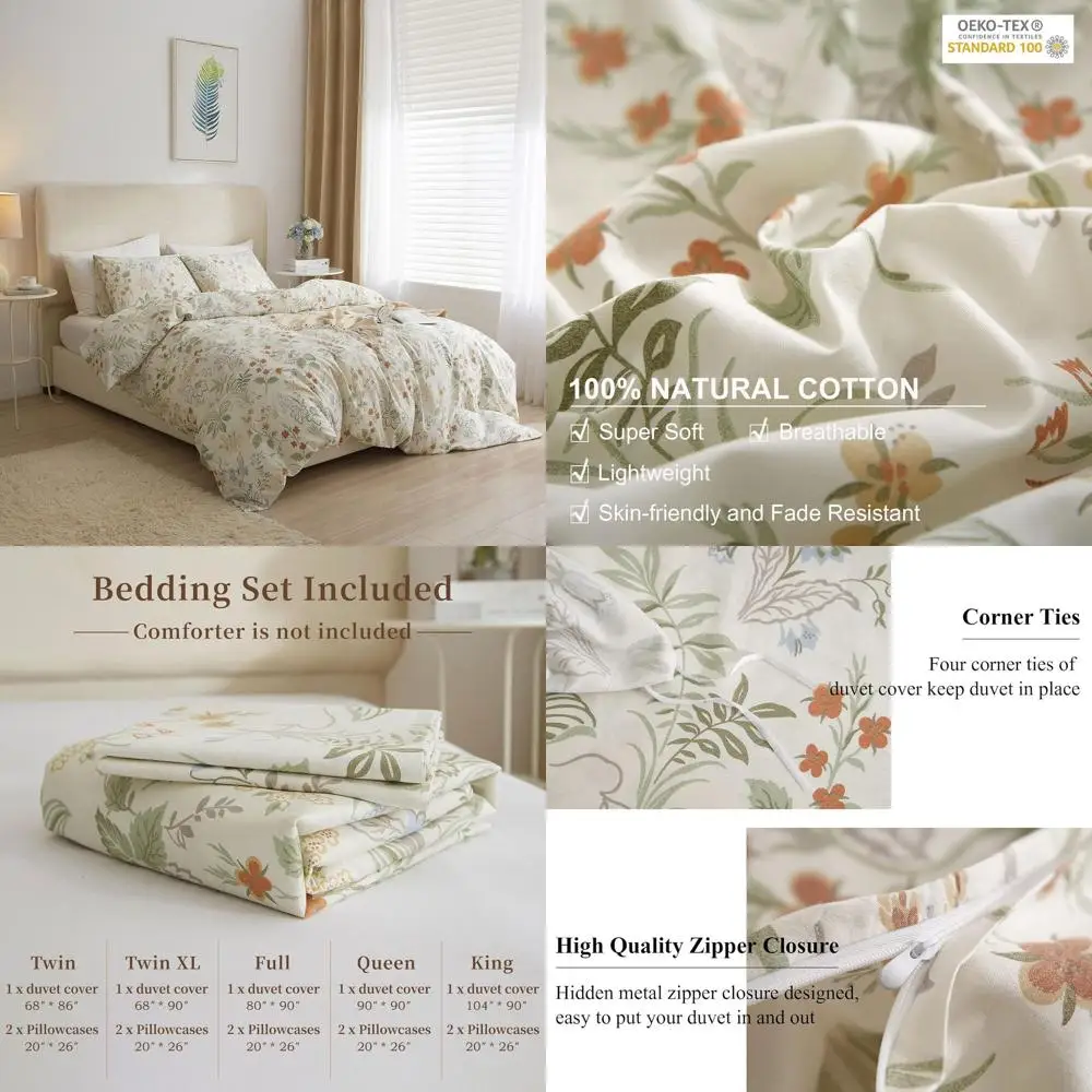 

Queen Size White 100% Cotton Vintage Floral Duvet Cover Set with 2 Pillowcases, Zippered Closure