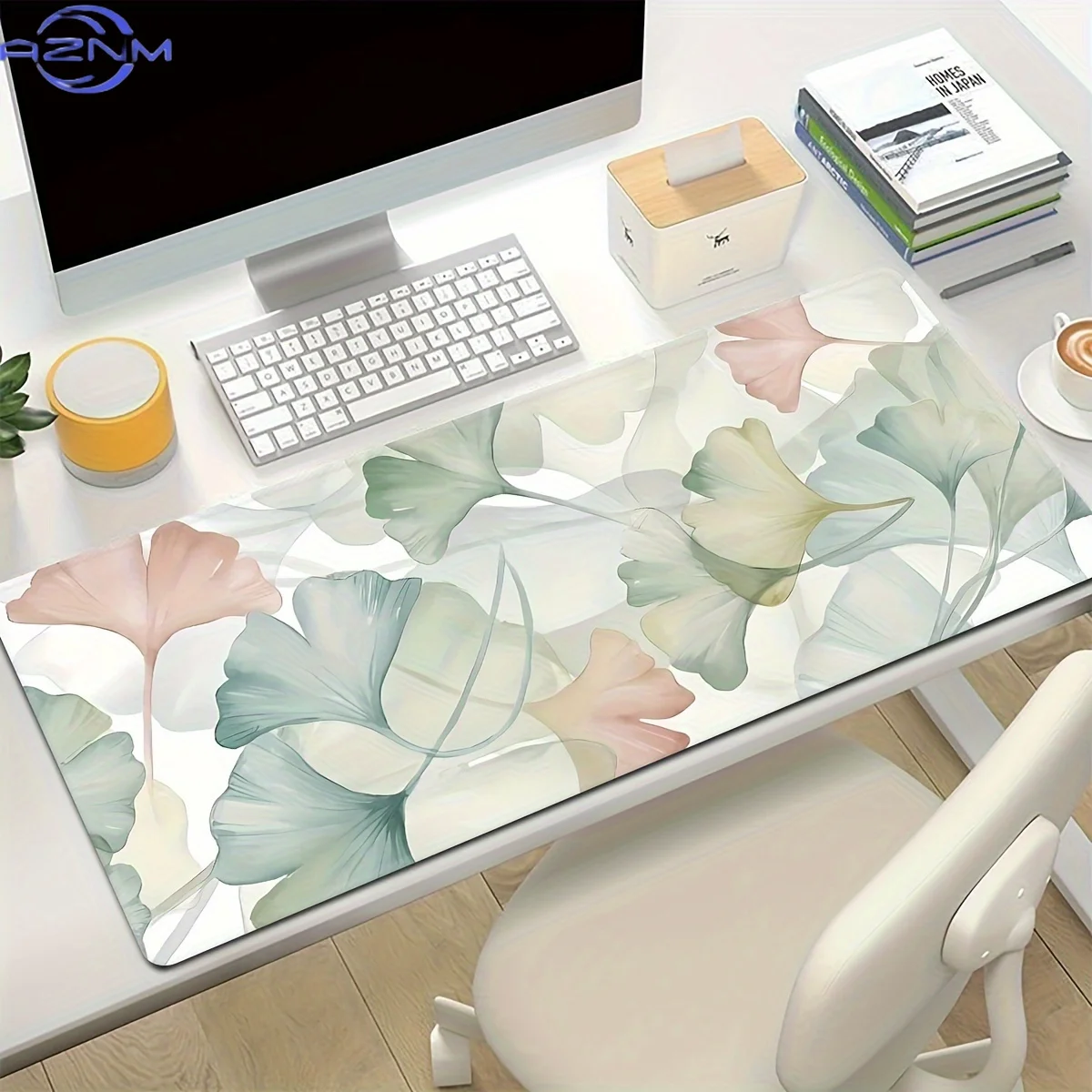 Extra Large Gaming Mouse Pad with Elegant Scattered Ginkgo Leaf Design - Non-Slip Rubber Base & Washable Polyester Surface, Gree