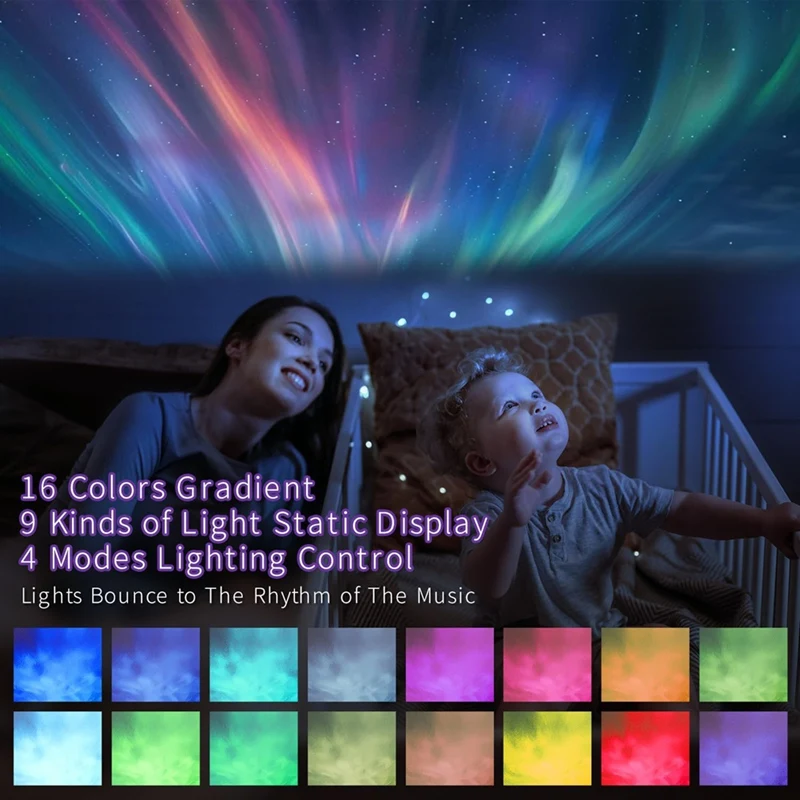 Wave Cordless Projector Light With 16Color Effects,Night Lights LED Northern Lights Projector,Built-In Bluetooth Speaker