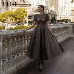 JEHETH O Neck Tulle Pastrol Prom Dress Polka Dot Mide A line Black Homecoming Party Gown Short Sleeve Prom Gowns Customized