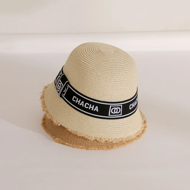 2022 Summer Letter Round Flat Top Raffia Fur Straw Cap Women Beach Shade Fashion Outdoor Panama Travel Ladies Bucket Hat