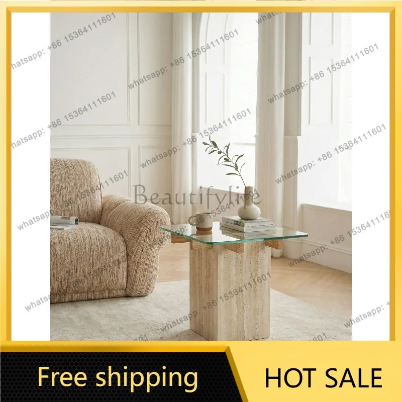 YJ Modern Minimalist Square Side Table Travertine Base Glass Top Light Luxury Furniture For Living Room Sofa