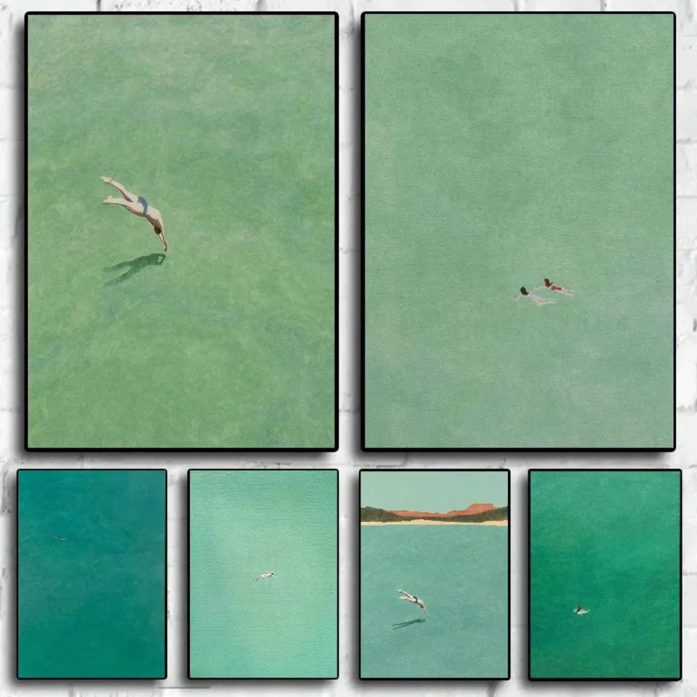 (No frame)1pcs Frameless Swimming Into The Sea Green Ocean Poster Green Minimalist Landscape Ocean Holiday Canvas Painting Ro