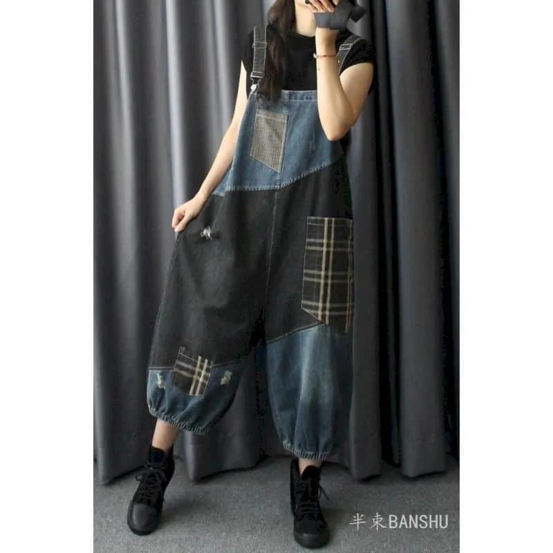 

Denim Jumpsuits Women Harem Pants Korean Style Patchwork Design Vintage Playsuits Casual Jeans Loose Overalls for Women Clothes