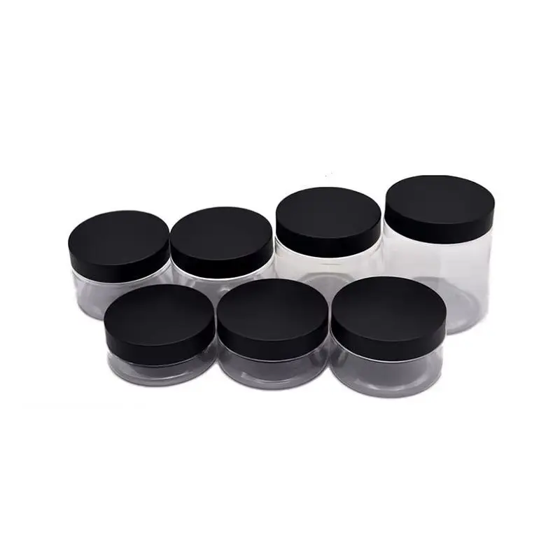 

24Pcs Cream Jar Clear 50g 80g 100g 120g 150g 200g 250g Matte Black Lid Refillable Portable Plastic Container Wide Mouth Bottles
