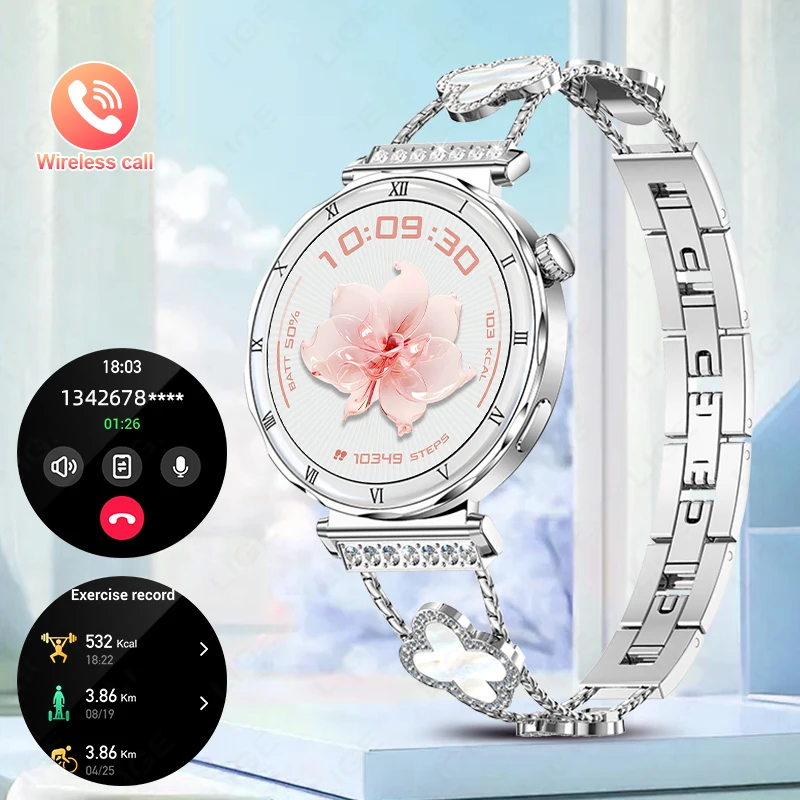 

LIGE Новые 1,19-дюймовые модные женские умные часы AMOLED с Bluetooth-звонком, спортивный браслет, женские водонепроницаемые умные часы с бриллиантами для здоровья