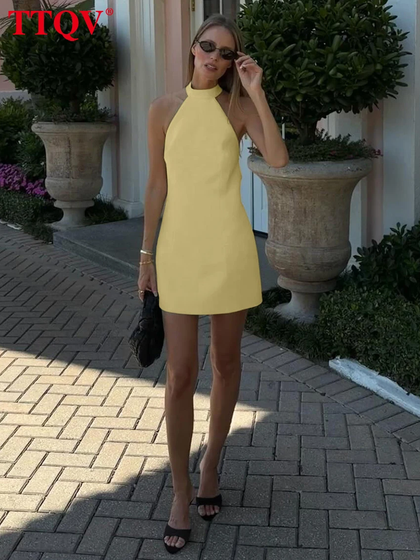 Robe d'été moulante jaune TTQV pour femme 2026 – Mini-robe sexy à col montant sans manches, élégante et classique, dos nu