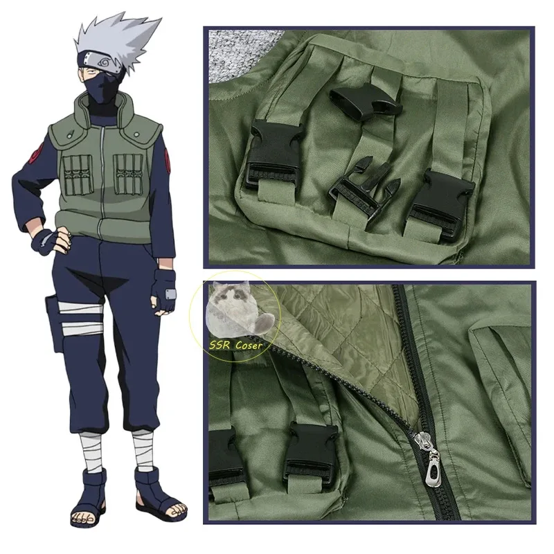 Hatake Kakashi Kostum Cosplay Seragam Anime Pakaian Ninja Set Kostum Halloween untuk Pria Rompi Atasan Celana Masker