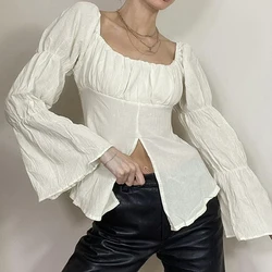 Chic Women Sweet T Shirt Elegant Lady Retro White Flared Sleeve Square Collar Split Tops 90s Vintage French Folds Tees Y2K