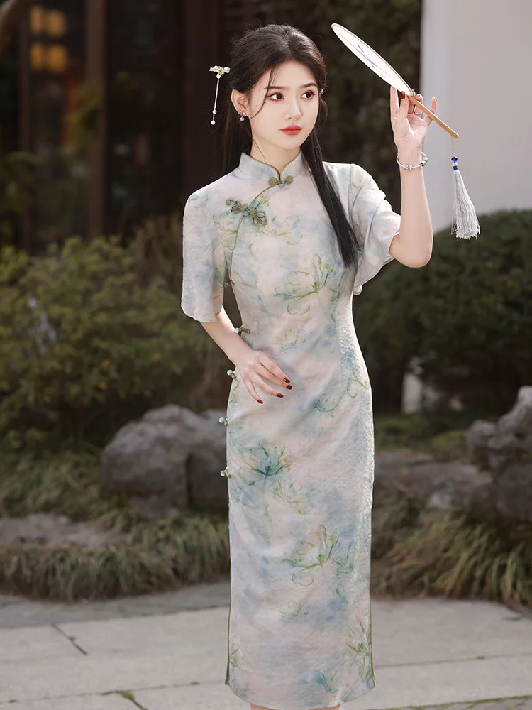 

Summer Elegant Flower Print Cheongsams Girl Chinese Dresses Vintage Mandarin Collar Long Qipao