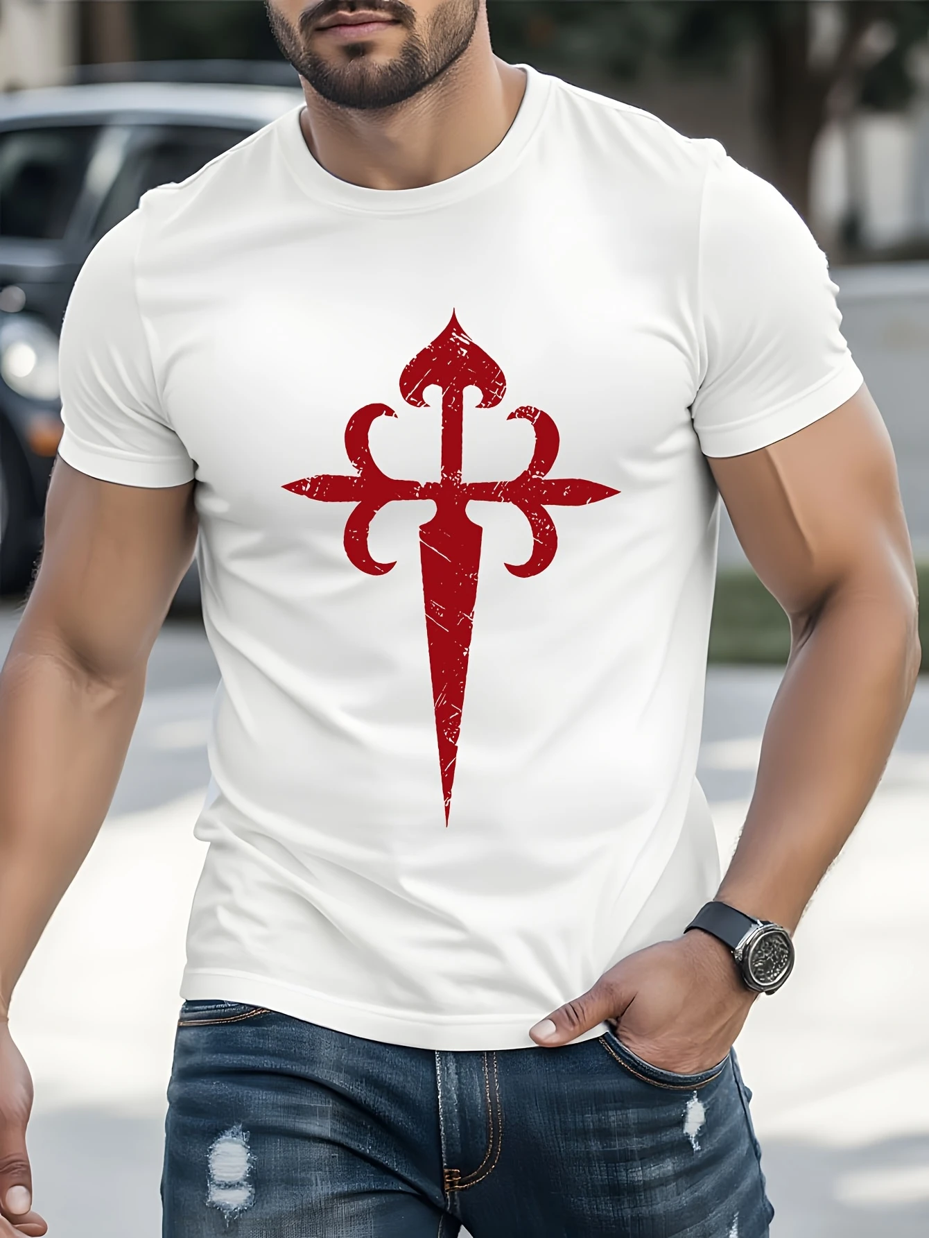 Schnelltrocknendes T-Shirt im Vintage-Stil mit dem Kreuz von Santiago, humorvollen Designs und ästhetischer Kleidung für Herren – Detail 3