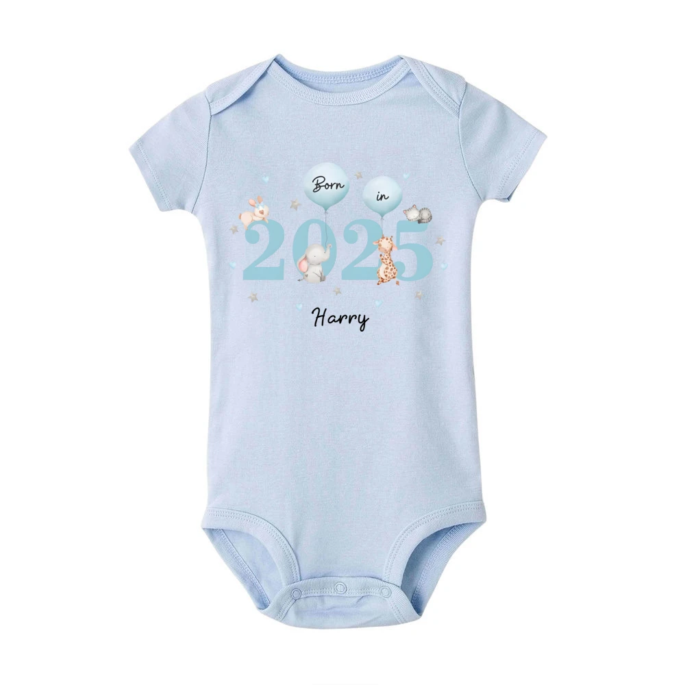 Personalize Born in 2025&animal Balloon Baby Romper Custom Name Short Sleeve Infant Jumpsuit Pregnancy Announcement Bitrh Gift