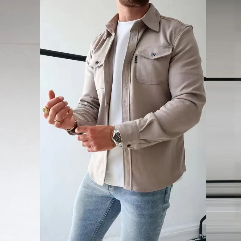 New Fashion Woolen Tops Shirt For Men Spring Fall Casual Long Sleeve Buttoned Lapel Cargo Shirts Trend Mens Clothes Solid Shirt