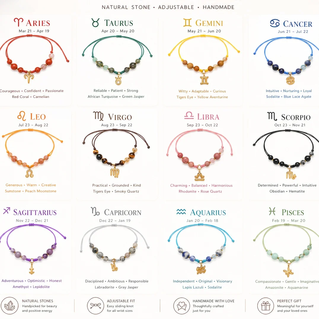 Natural Stone 12 Zodiac Sign Braided Bracelets Unisex Adjustable Woven Cord Harmony Protection Astrology Jewelry Gifts Bracelet