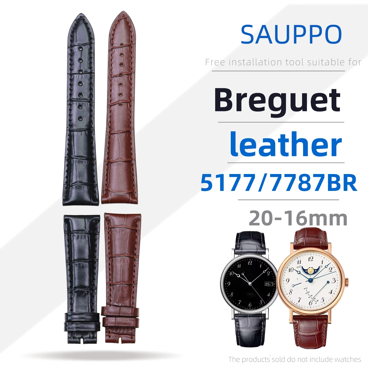 

SAUPPO Suitable for Breguet Watch Men's 5177PT 7787BR 7137BA 20mm Genuine Leather Strap Black brown Leather watch chain 20-16