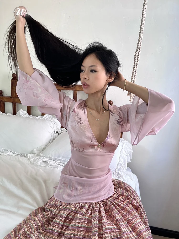 

Original Design Slim Fit Acetate Chiffon Belted V-Ne Double Color Top EWIV Ele Women's irt Summer 2025 Floral Print