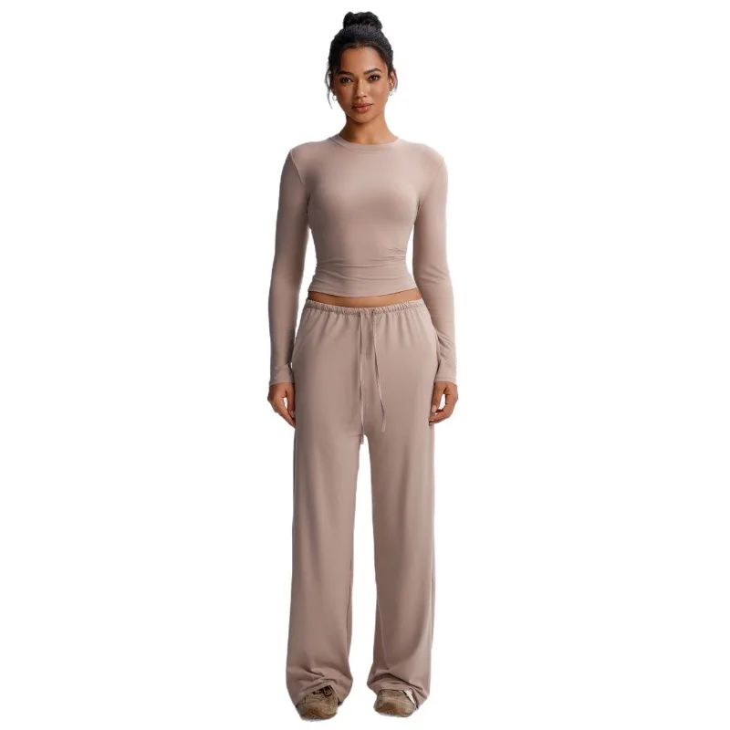 طقم يوجا مصقول برقبة دائرية وأكمام طويلة، سروال طويل رياضي كاجوال للجري واللياقة البدنية، سروال كاجوال فضفاض واسع الساق للنساء #5