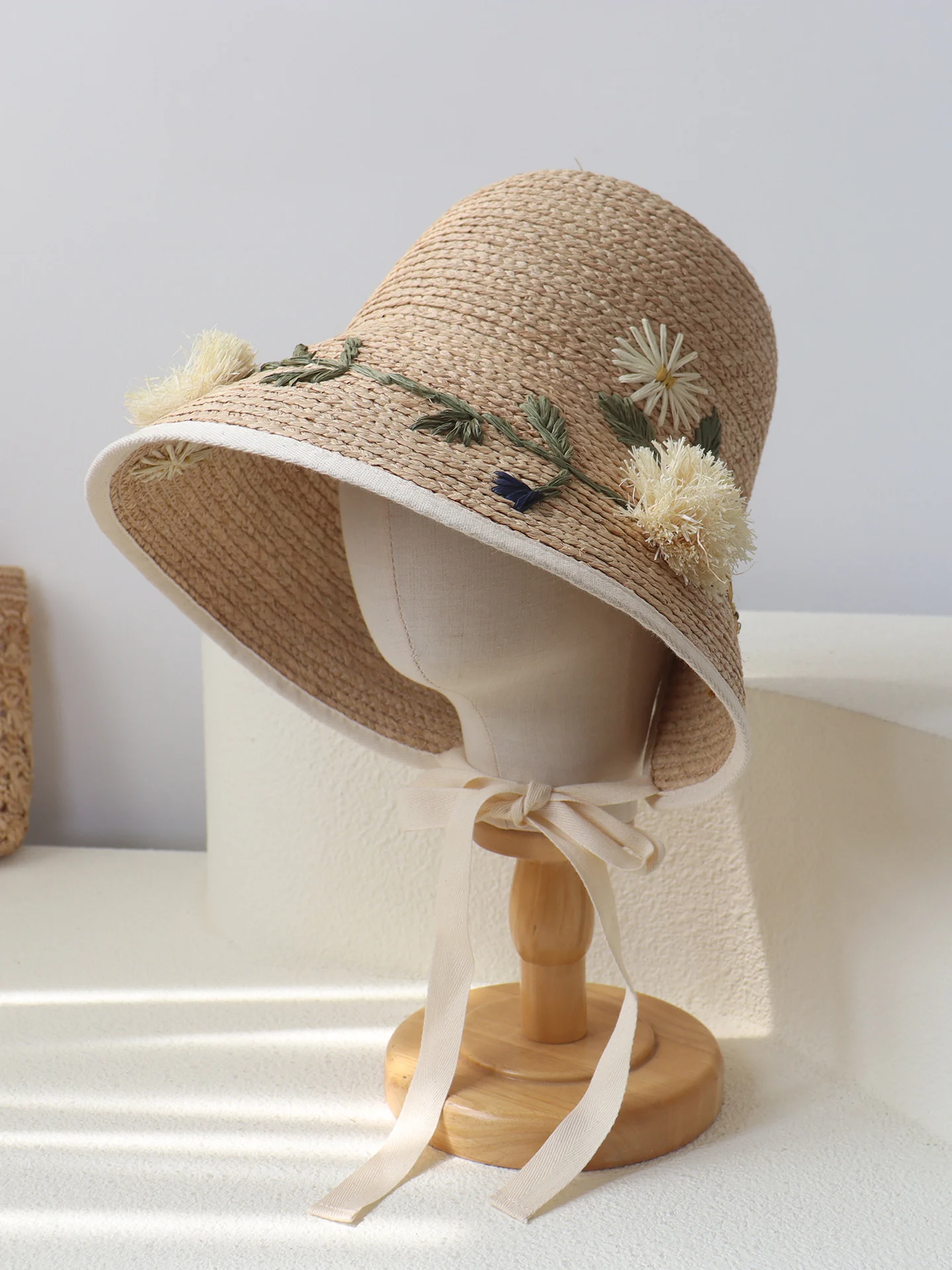 刺繍入りラフィーグラスベルト付き麦わら帽子春夏日焼け防止ホリデーワイドブリムポットハットフィッシャーマンハットカジュアルスタイル