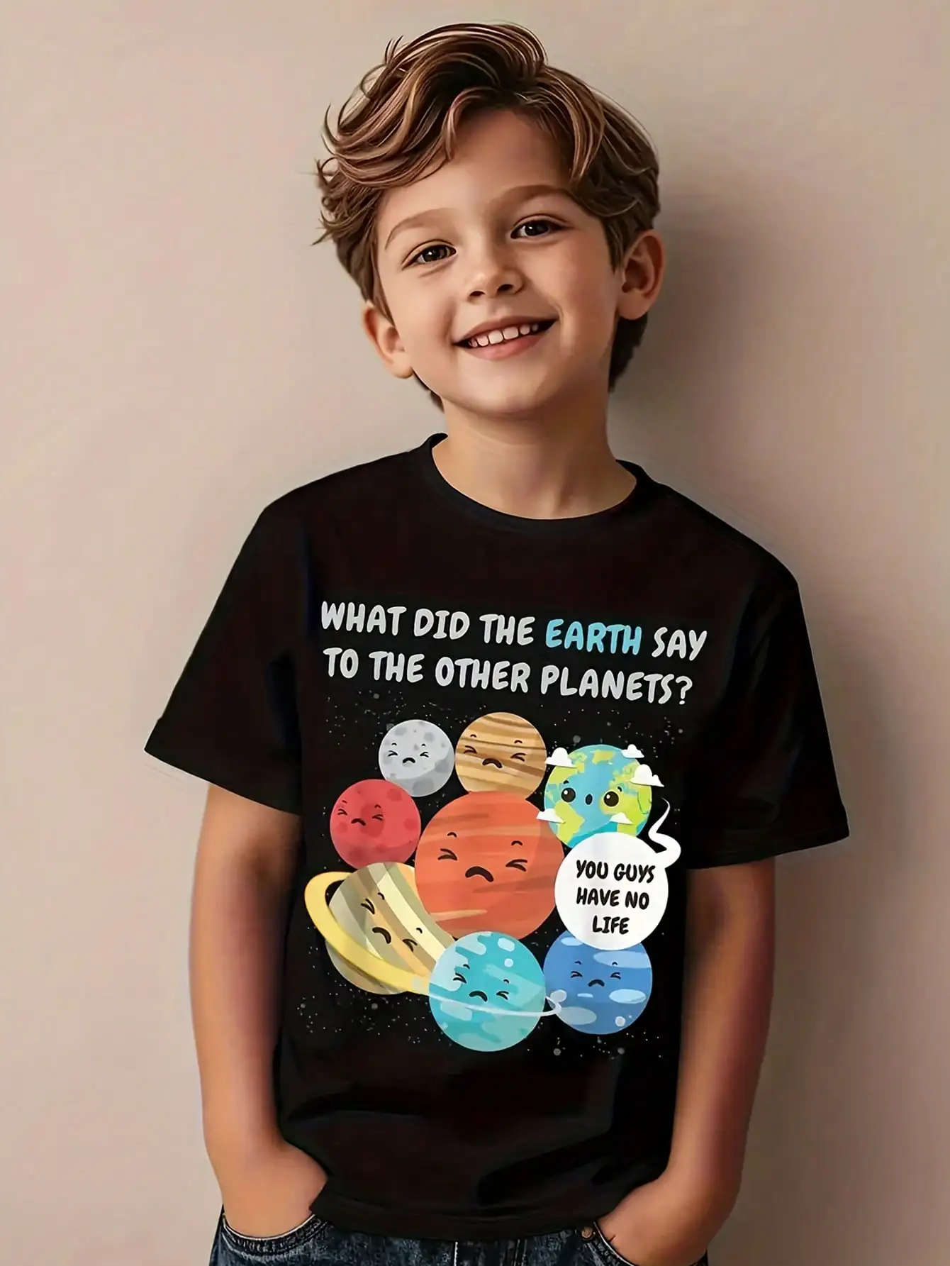 Boys' Clothing Summer Round Neck Short Sleeved - Fun Planet - Printed Pattern T-Shirt Pullover, Boys' Clothing, Suitable For Boys' Daily Wear