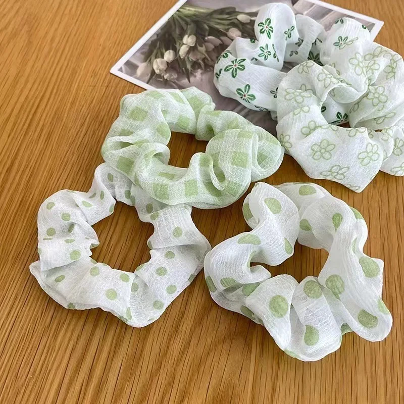 Summer Fresh Green Floral Plaid Scrunchies Simple Fashion Polka Dot Elastic Hair Bands Sweet Hair Tie Ropes Ponytail Holder Gift