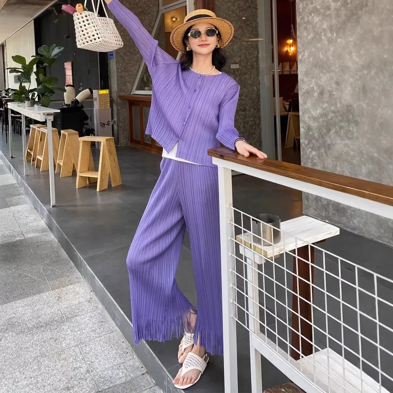 

Miyake Pleated Pants Set 2026 Summer New Casual Set for Women Loose Elegant High-end Personality Tassel Pleats 2-piece Set