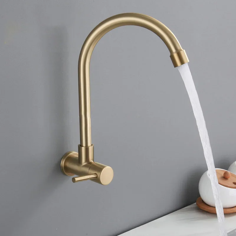 Brushed Gold Stainless Steel Wall Mounted Kitchen Faucet Only Cold Water Sink Faucet Rotatable Vegetable Washing Basin Water Tap