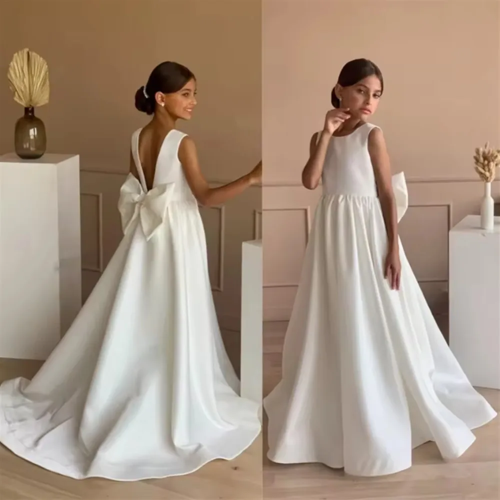 

Свадебное платье без рукавов с цветочным узором для девочек с бантом, платье для дня рождения для маленьких девочек, платье для первого причастия, платья de novia по индивидуальному заказу