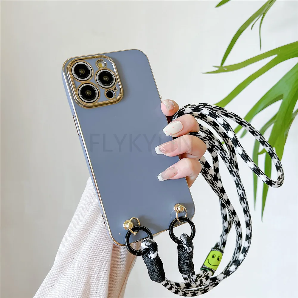 Luxury Plating Crossbody Lanyard Phone Case For iPhone 15 14 13 12 11 Pro Max Mini 7 8 Plus X XS Max XR SE 2020 Silicone Cover