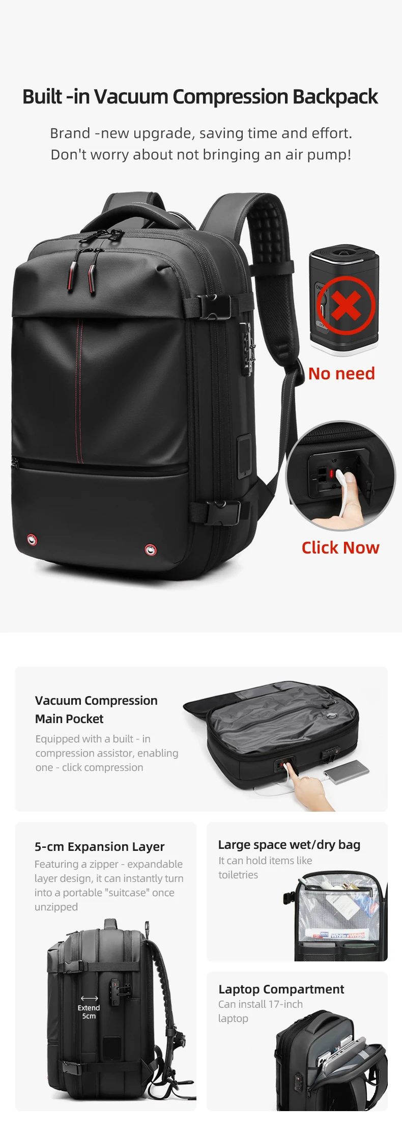 Herren-Reiserucksack mit One-Click-Start-Pumpe, Vakuum-Kompression, Laptopfach, Wandern, Outdoor, 17 Zoll, erweiterbarer Schulrucksack – Detail 11
