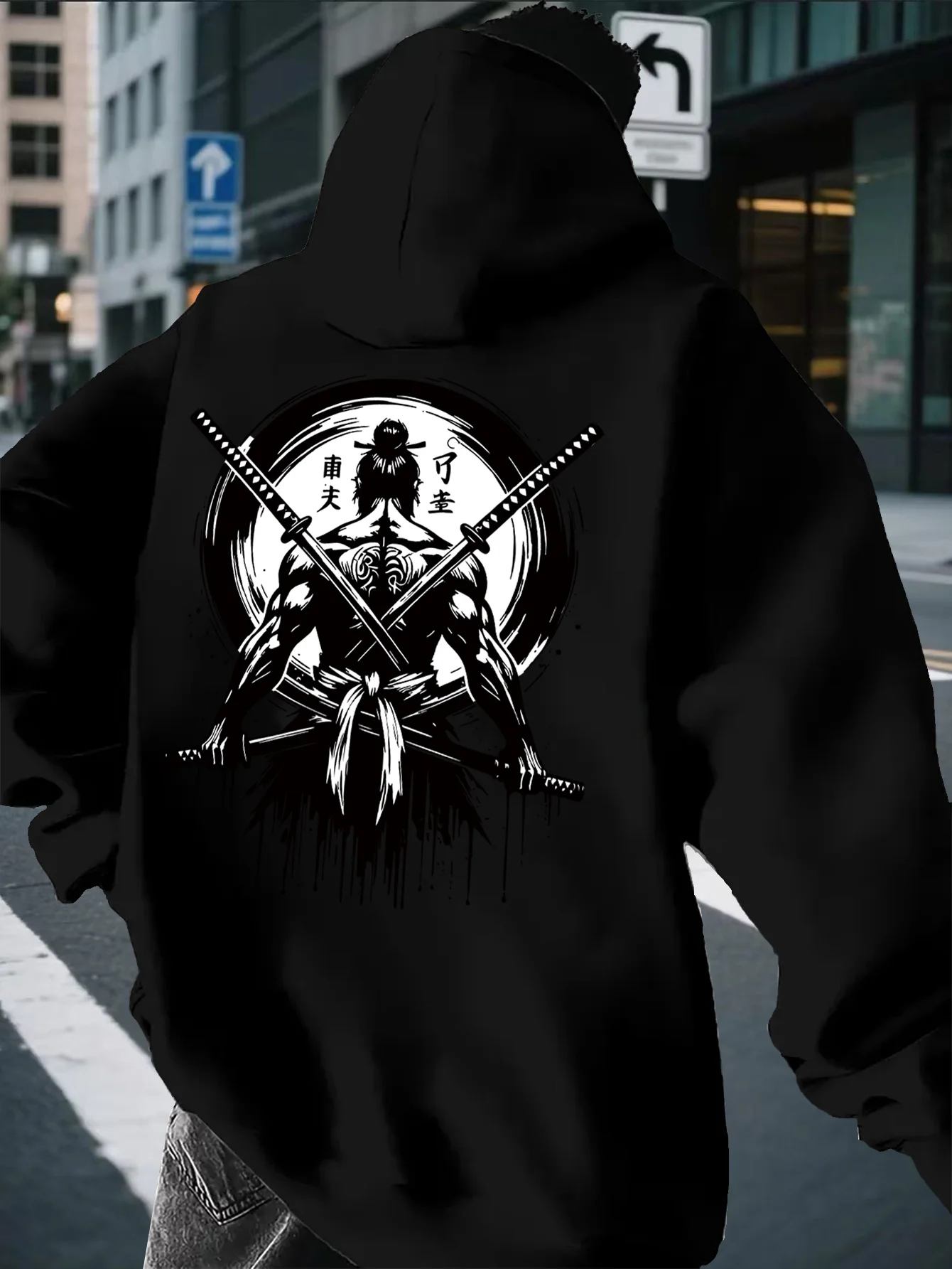 Japanese samurai ronin pattern men's hooded shirt. Loose, hip-hop, street style casual and fashionable long-sleeved shirt.