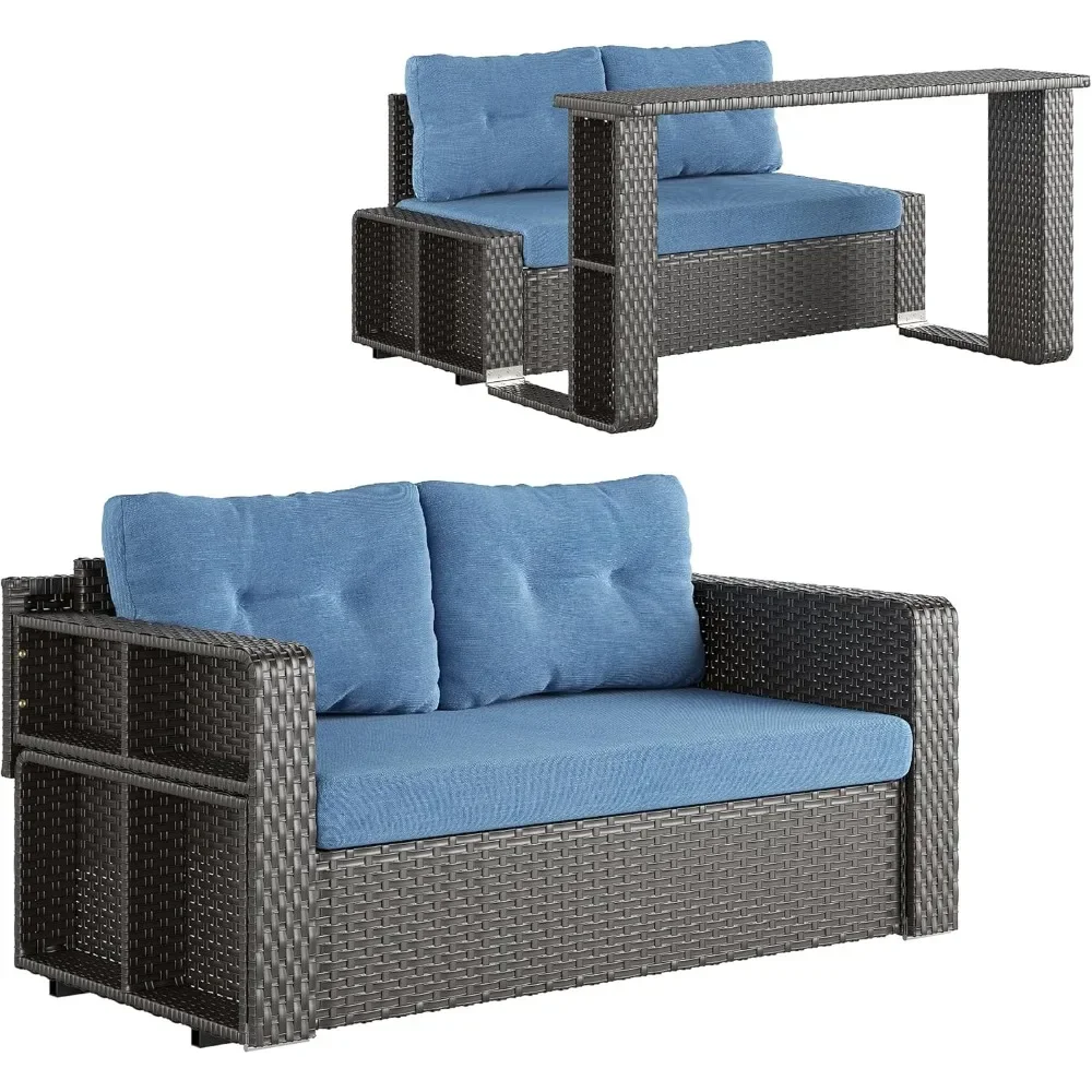 

Patio Wicker Sofa with Foldable Long Table, Outdoor Rattan Couch Furniture Steel Frame with Deep Seat High Back