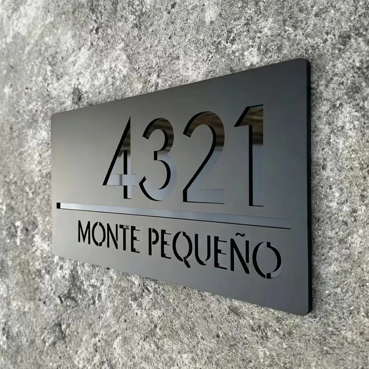 

3D custom acrylic door sign, black-gray matte, laser-cut, exterior door number, street address, room name, for wall decoration