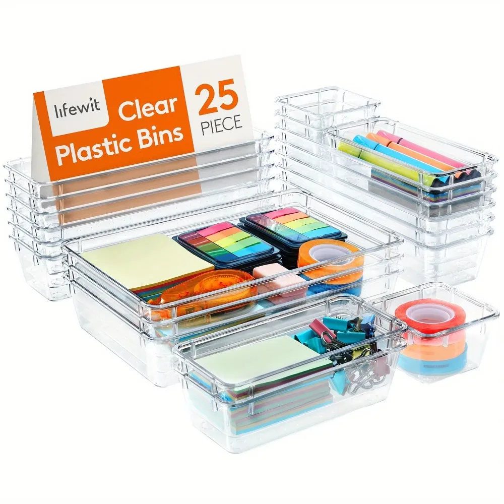 

25Pcs Transparent Drawer Storage Box Set Sundries Sorting Plastic Desktop Drawer Tray Set Jewelry Rectangular