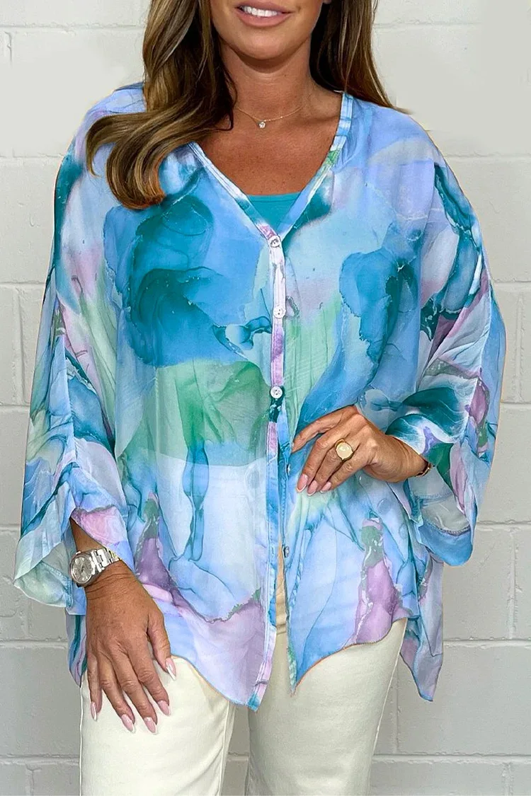 Losse Casual Tie Dye Print Side Split Shirt Voor Vrouwen Mode Elegante V-hals Dichtgeknoopt Chiffon Lange Mouwen Shirt 2024 Zomer nieuwe