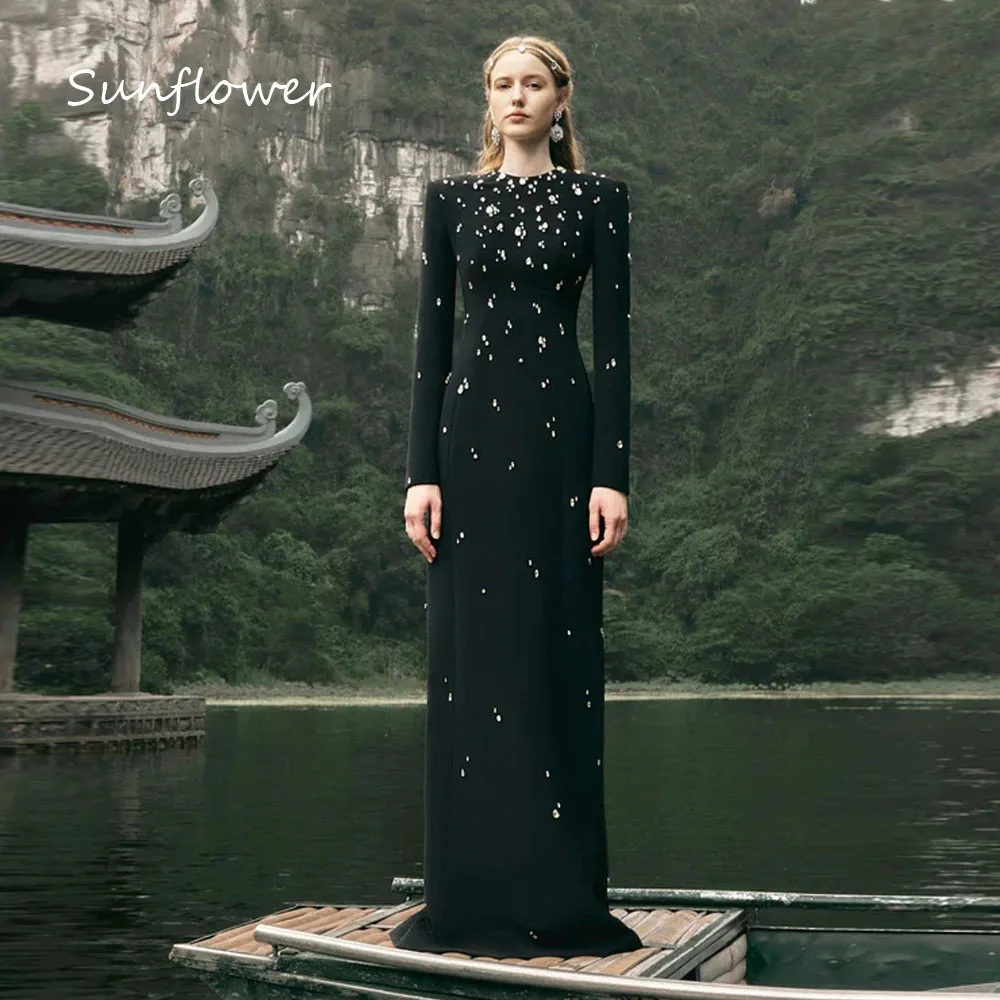 Sunflower Black Beading O-Neck Mermaid Formal Evening Dress Saudi Arabia 2024 Slim Crepe Long Floor-Length Prom Dress