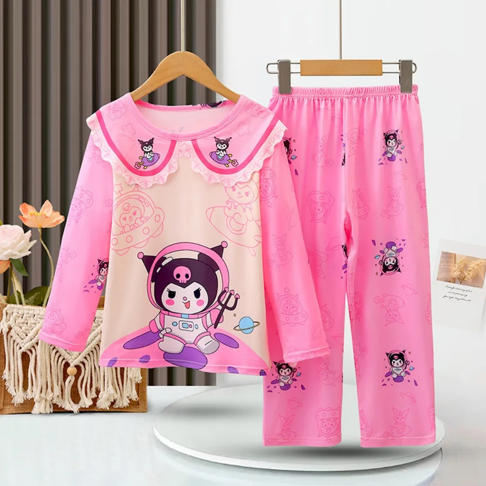 Disney Mickey Girls Pajama Sets Lace Neck Kawaii Cartoon Print Gal Pajamas Suit Soft Comfortable Breathable Homewear Sets