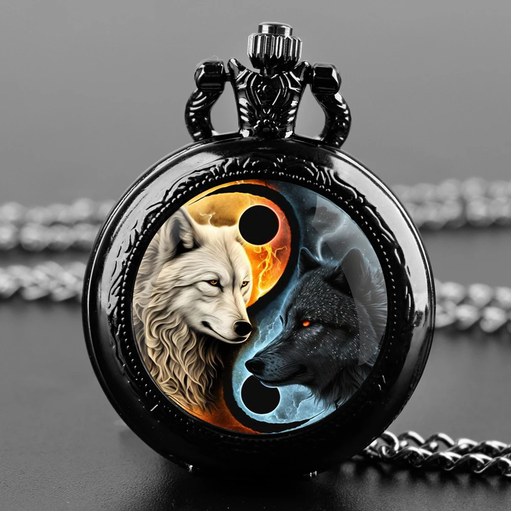 

Vintage Yin-Yang Dragon Themed Glass Dome Black Quartz Pocket Watch Classic Arabic Numeral Dial with Durable Chain for Men Gifts