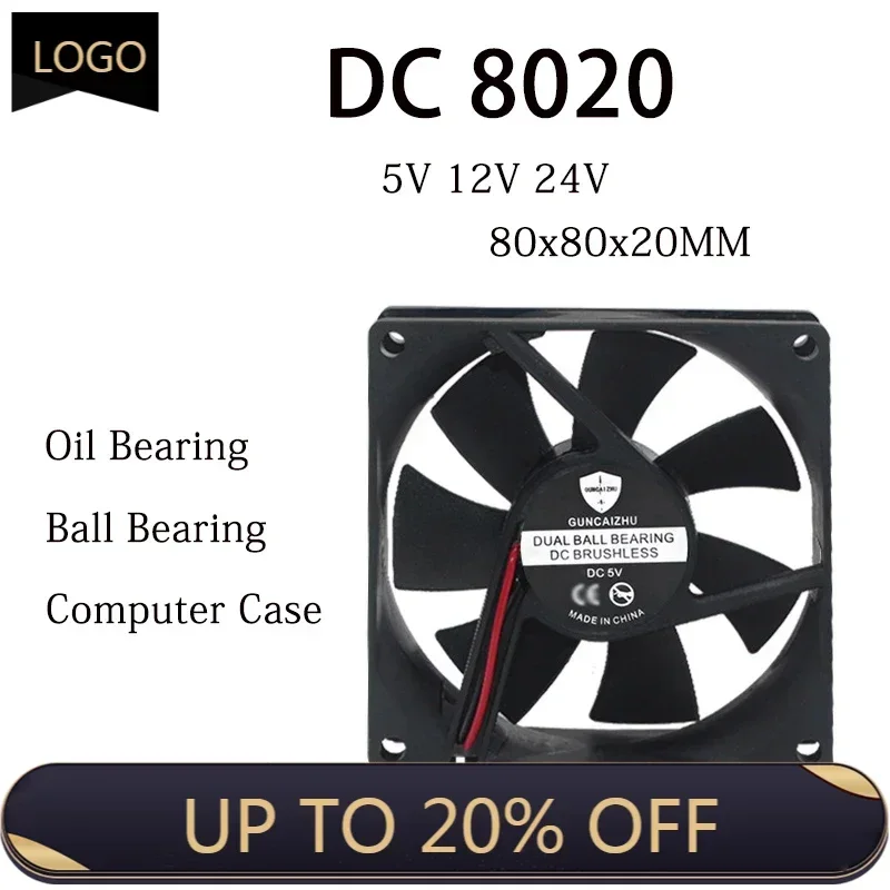 pa NEW DC  8020 Fan 5V 12V 24V 80x80x20MM Ball Bearing  Refrigerator fan Compressor fan 5000RPM  0.2A  with 2pin
