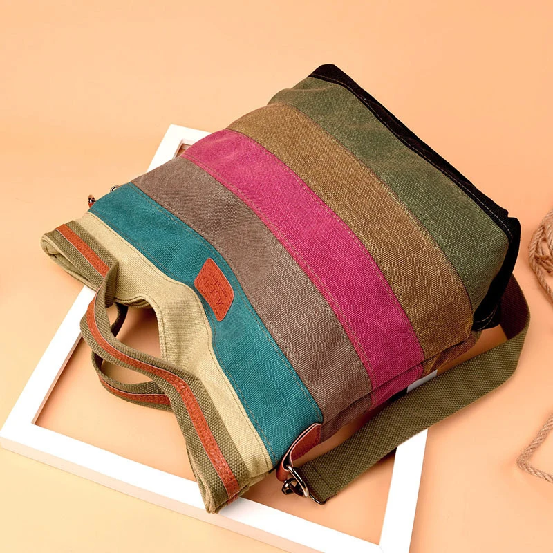 Fashion Female Shoulder Bag 2023 New Rainbow Stripes Patchwork Crossbody Bag Large Capacity Canvas Women\'s Handbags