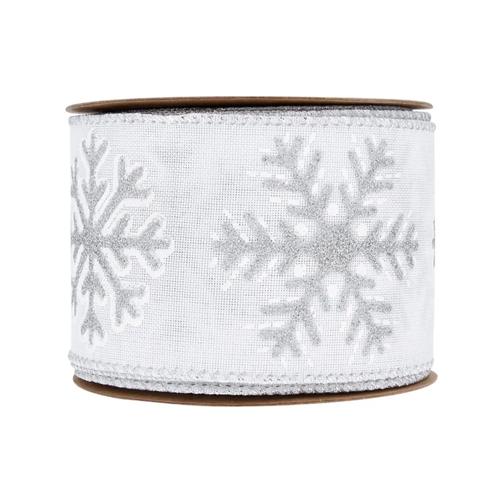 Single Face Printed Ribbon Polyester Satin Wire Edge 63mm White Snowflake Design for Christmas Packaging Craft