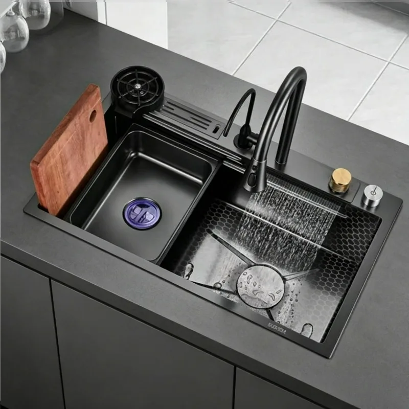 3D Honeycomb Embossed Stainless Steel Kitchen Sink Large Single Bowl Thickened Nano Black Basin with Knife Rack & Cup Washe
