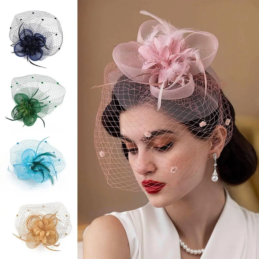 

Модный тюлевой сетчатый головной убор с лепестками и цветком, вуаль, головной убор с перьями, повязка на голову с заколкой для волос для женщин