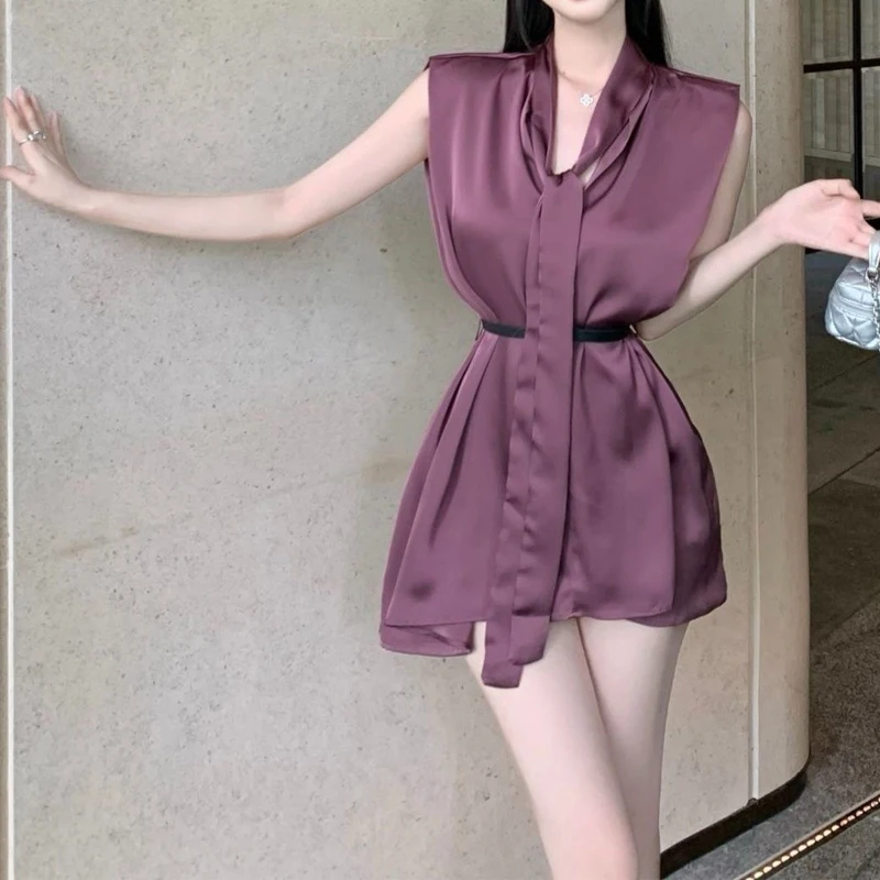 Temperament Sleeveless Loose Shirt Tops Summer New Thin Solid Lacing Simplicity Elegant Blouse Fashion Korean Women Clothing