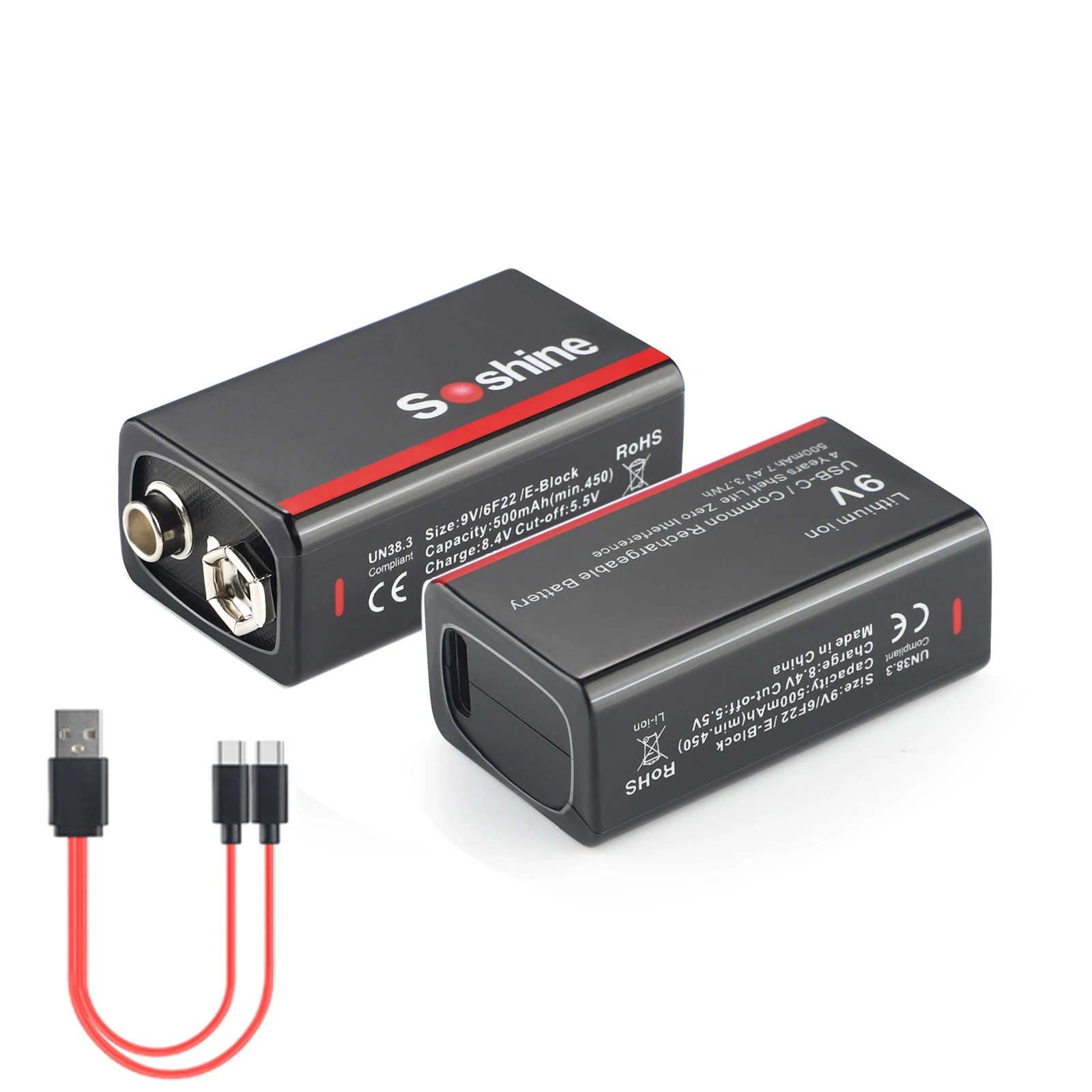 Soshine 500mAh USB-lithiumbatterij 9V 500mAh Lage zelfontlading Li-ion oplaadbare batterij 4 jaar houdbaarheid 4LED Power Display - afbeelding 2