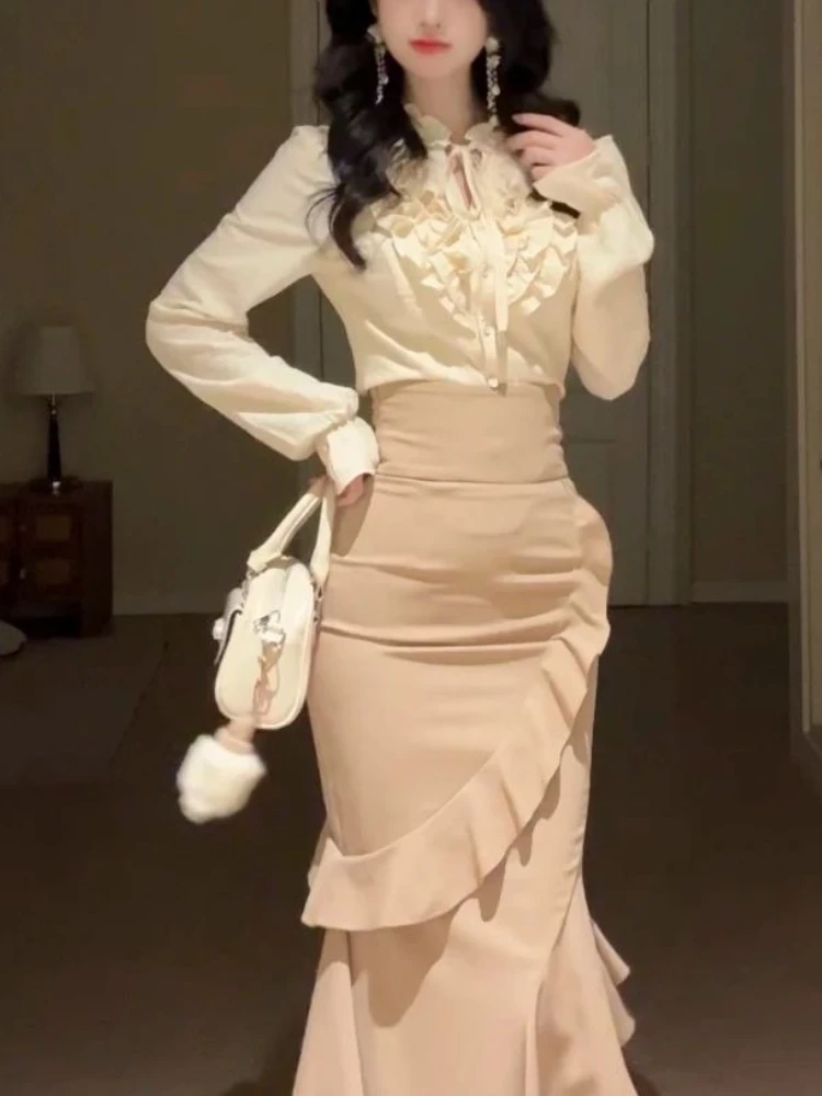 New Autumn French Elegant Sweet 2 Piece Sets Women Ruffle Long Sleeve Blouse +fishtail Skirts Design Casual Gentle Retro Outfits