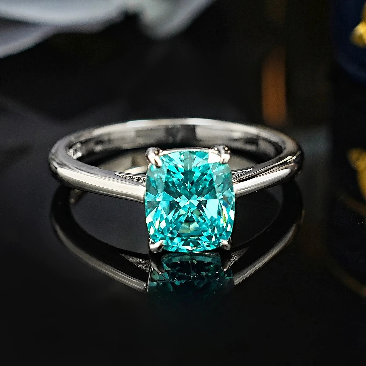 S925 Silver Ring 6.5 * 7.5mm Fat Square Sea Blue Zircon Inlaid Small Fresh Women's Jewelry